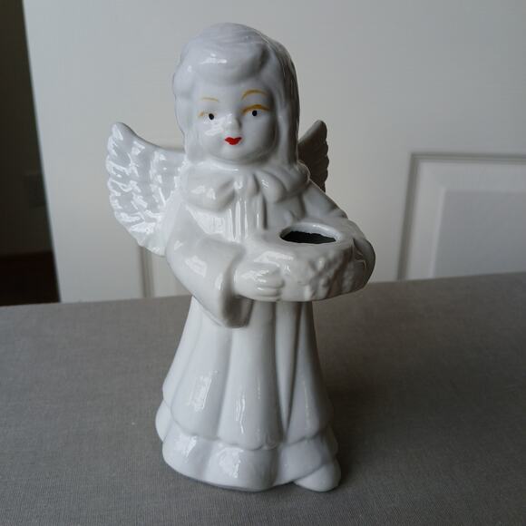 Other - Vintage Ceramic Angel Taper Candle Holder 6" white with gold accents Christmas